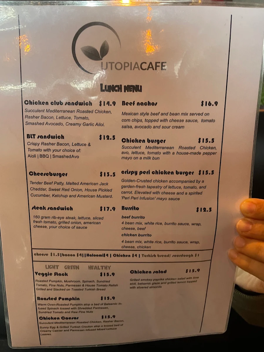 Menu, Utopia cafe Kingaroy