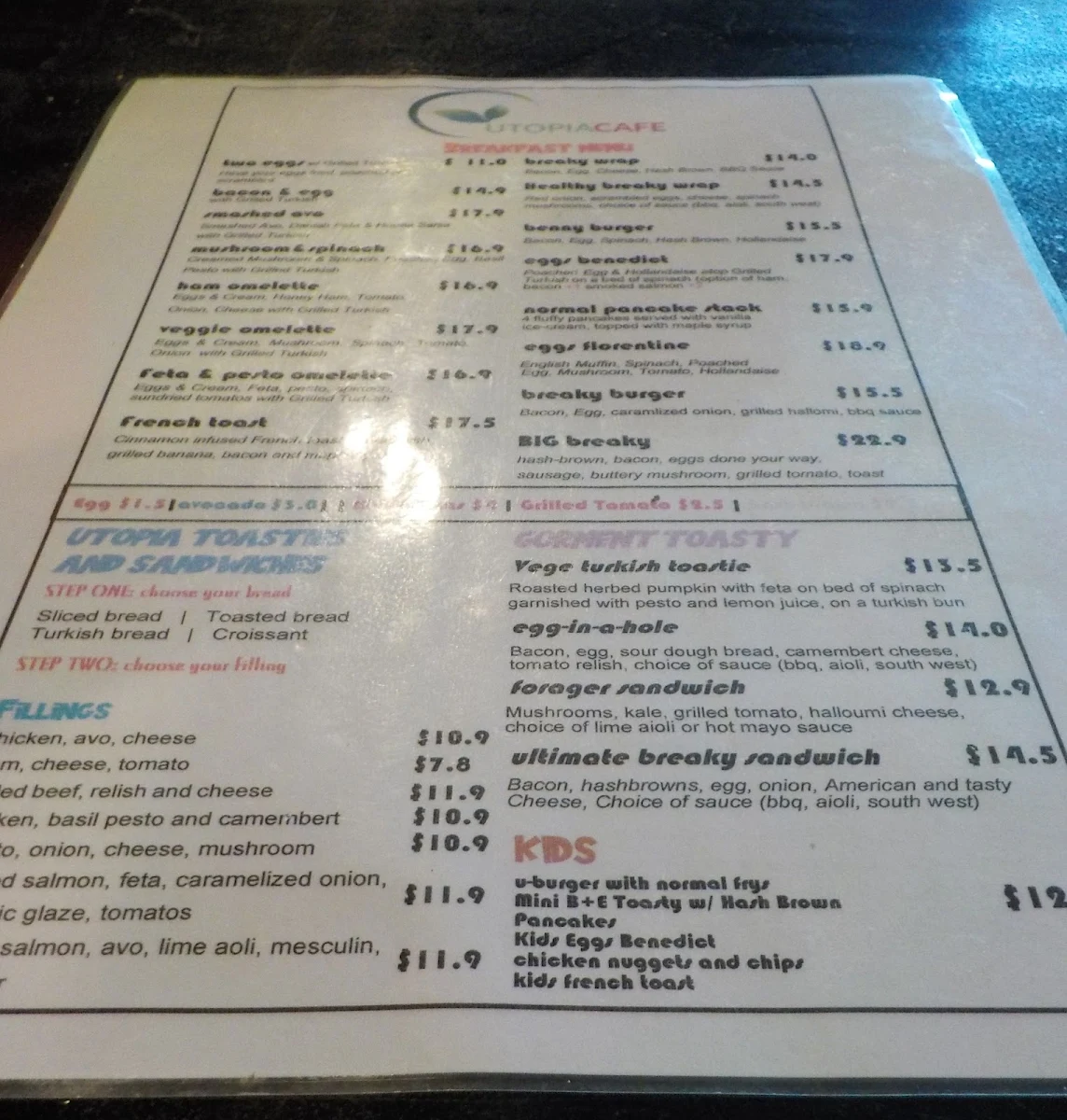 Menu, Utopia cafe Kingaroy