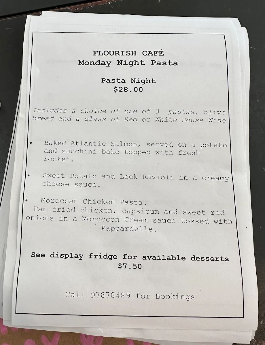 Menu, Flourish Cafe Olivers Hill