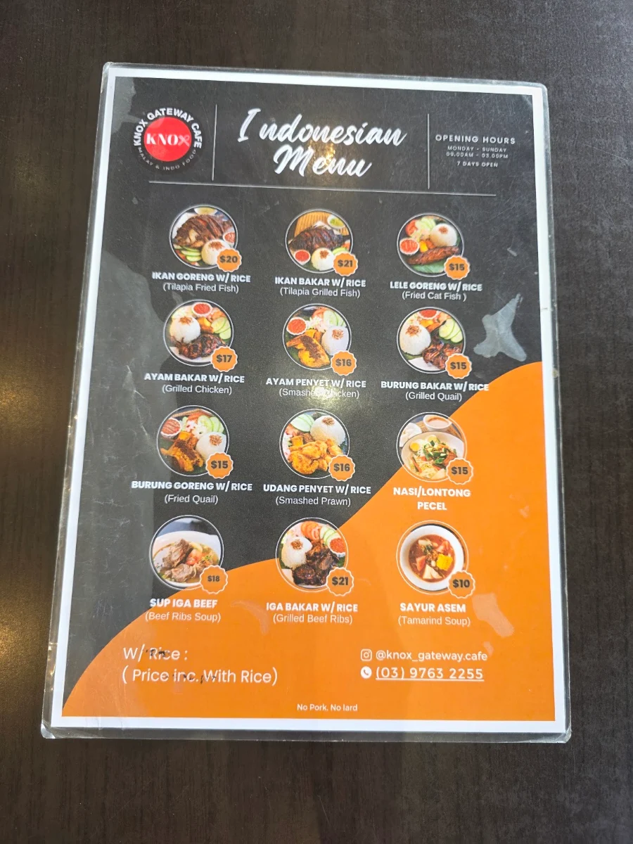 Menu, Knox Gateway Cafe