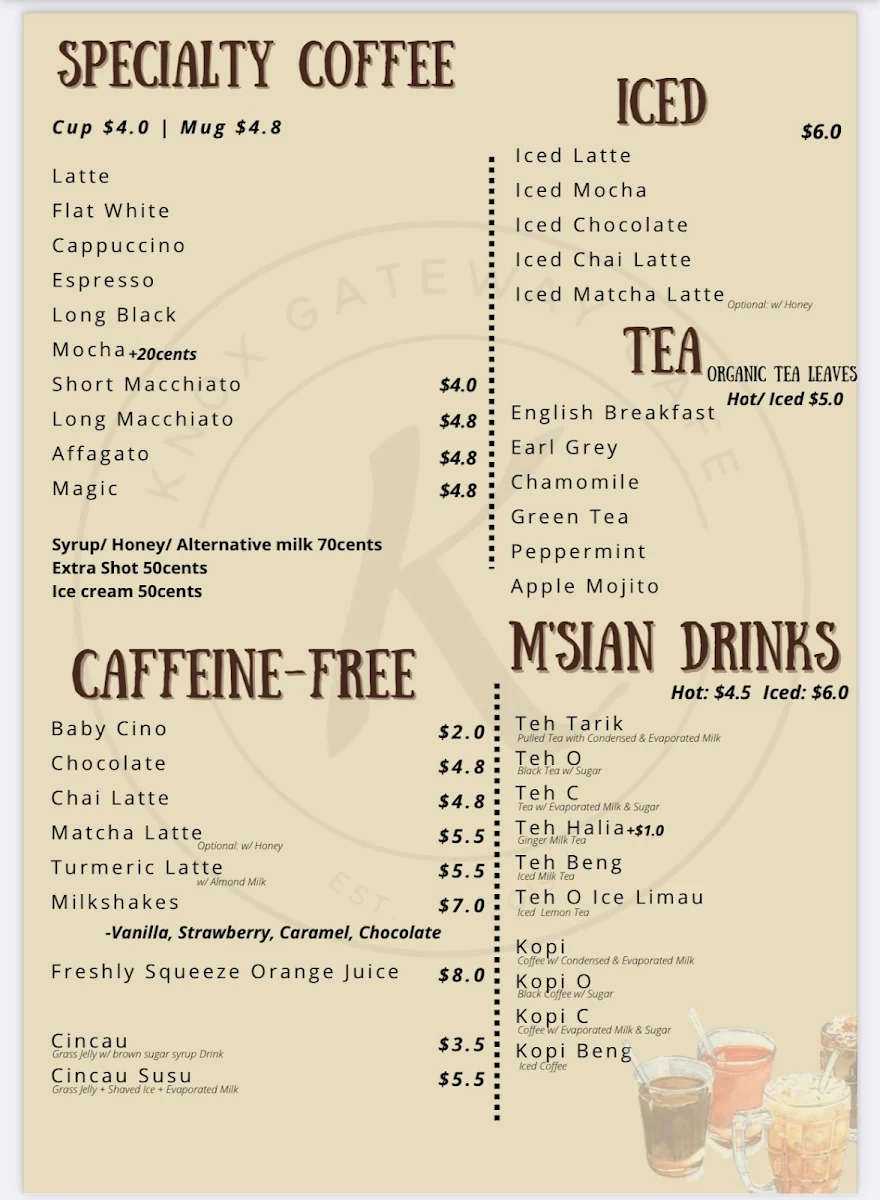 Menu, Knox Gateway Cafe