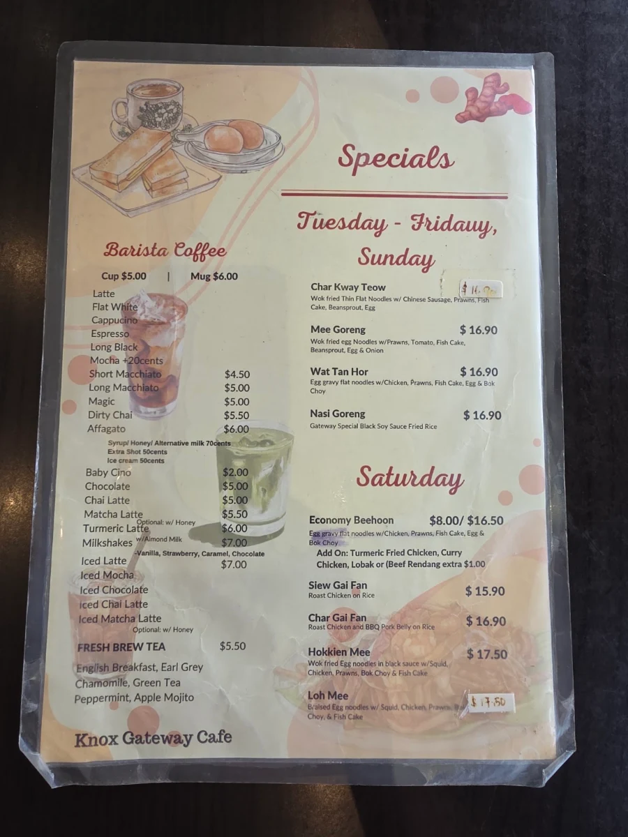 Menu, Knox Gateway Cafe