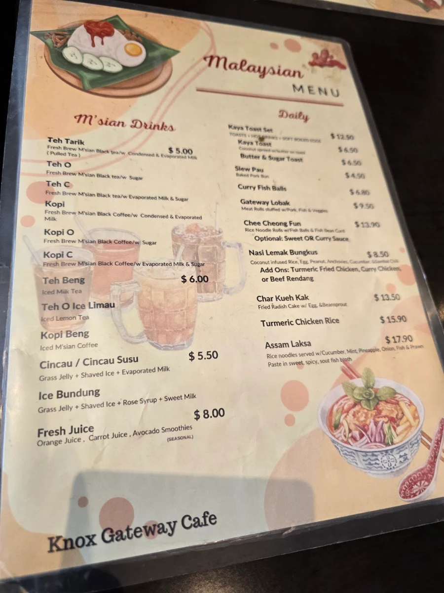 Menu, Knox Gateway Cafe