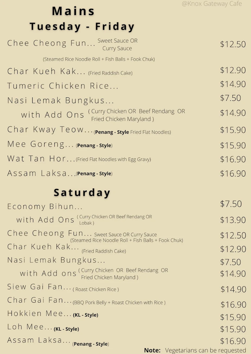 Menu, Knox Gateway Cafe