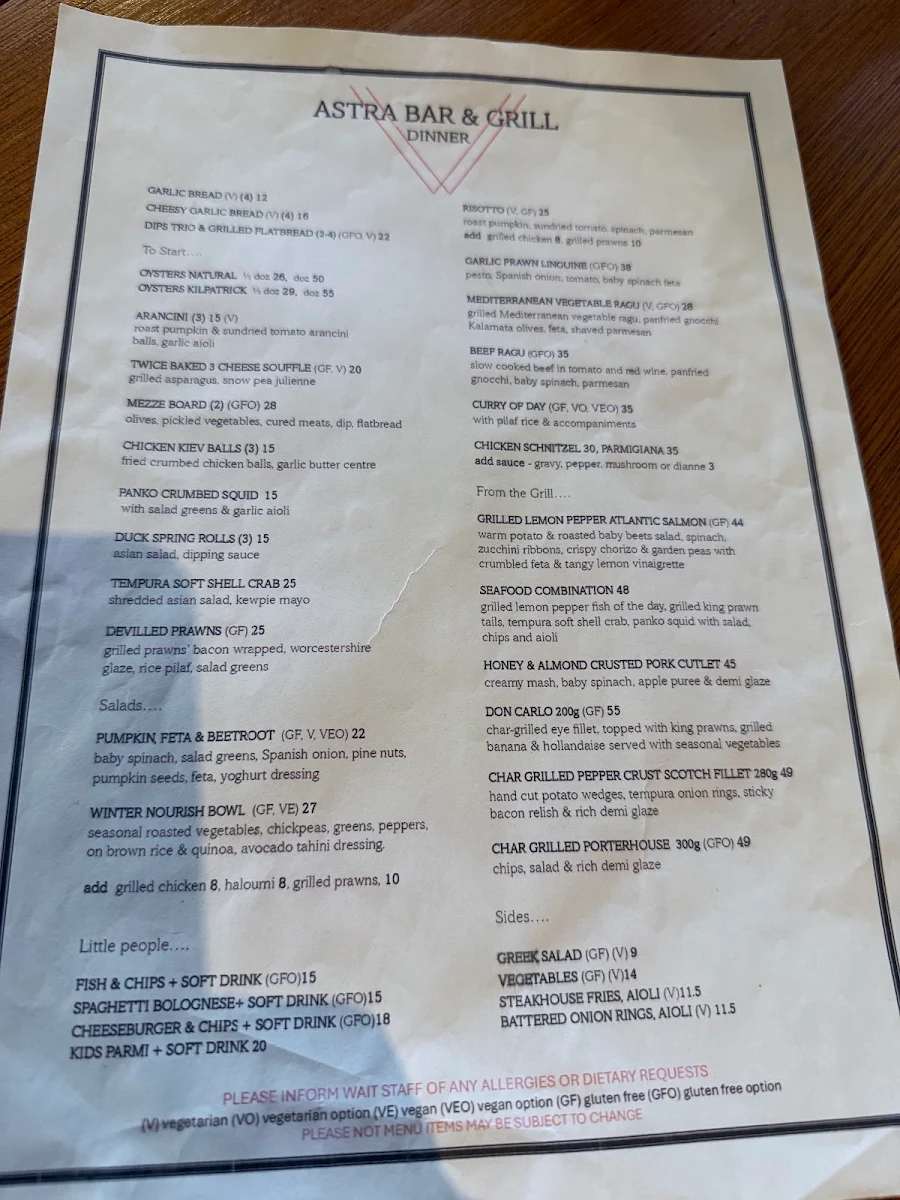 Menu, Trinders In The Astra
