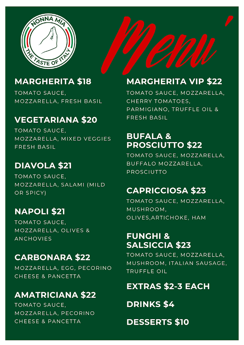 Menu, Nonna Mia By The Taste of Italy (formerly Luigi's Pizzeria)