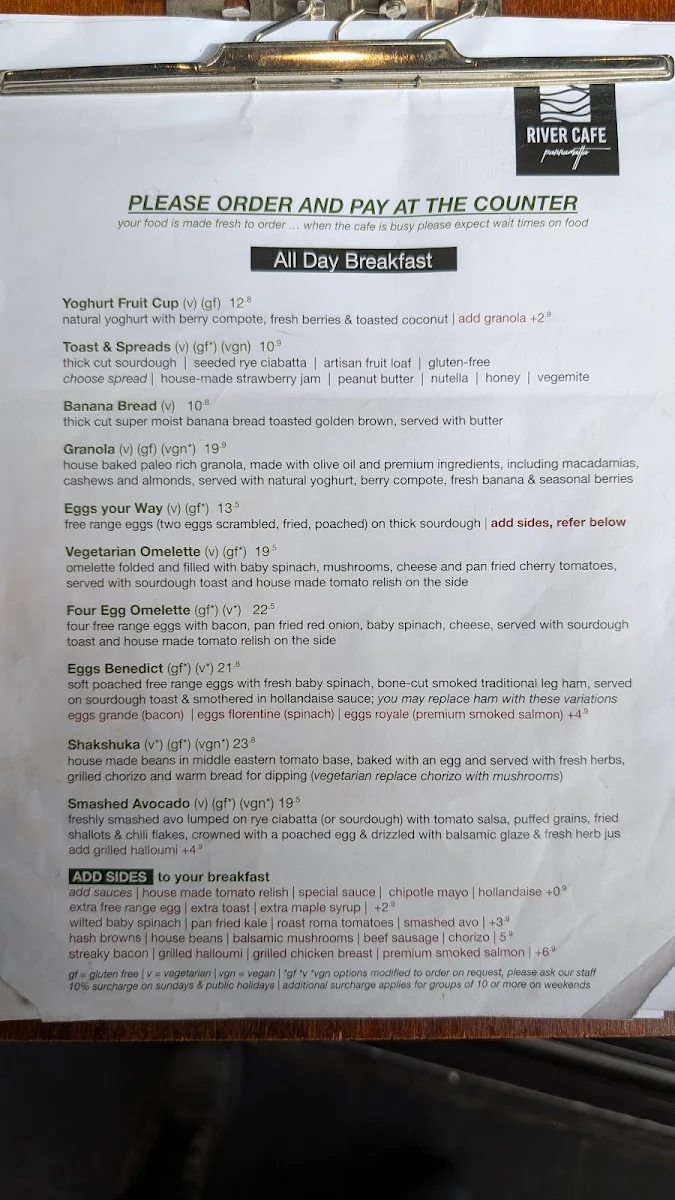 Menu, River Cafe Parramatta