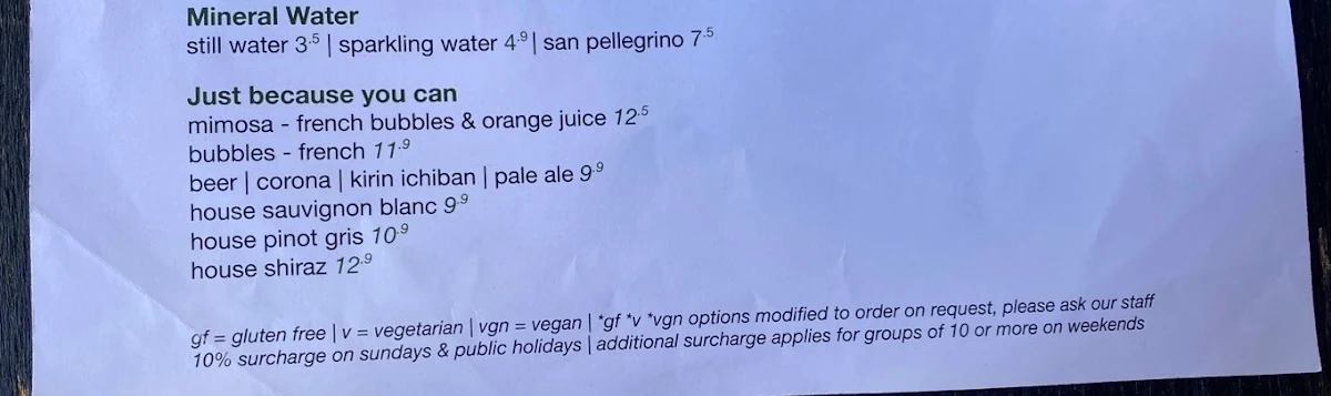 Menu, River Cafe Parramatta