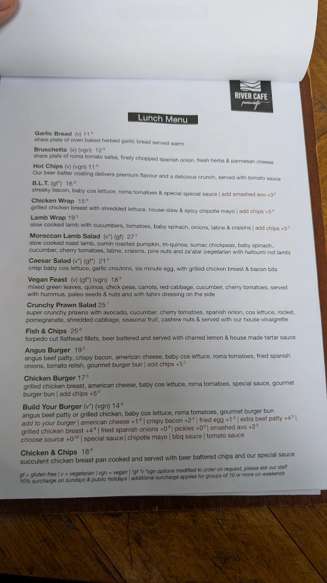 Menu, River Cafe Parramatta