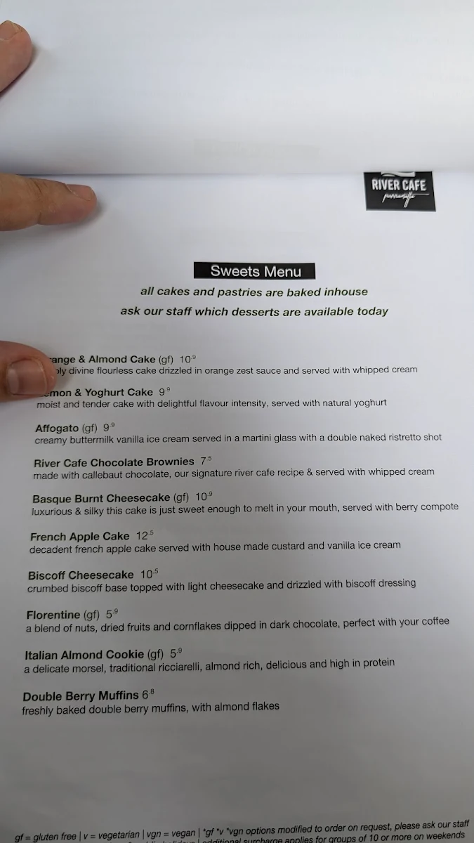Menu, River Cafe Parramatta