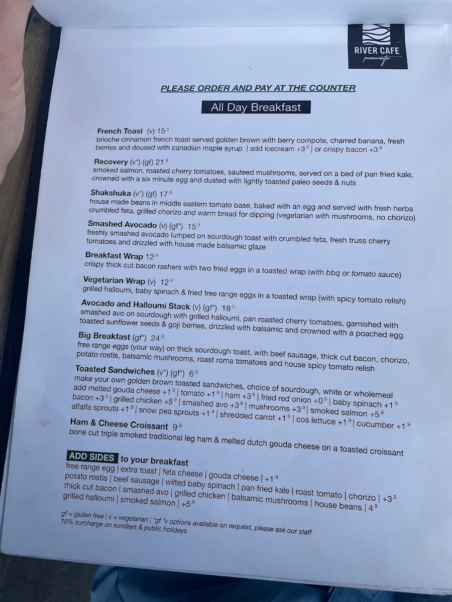 Menu, River Cafe Parramatta