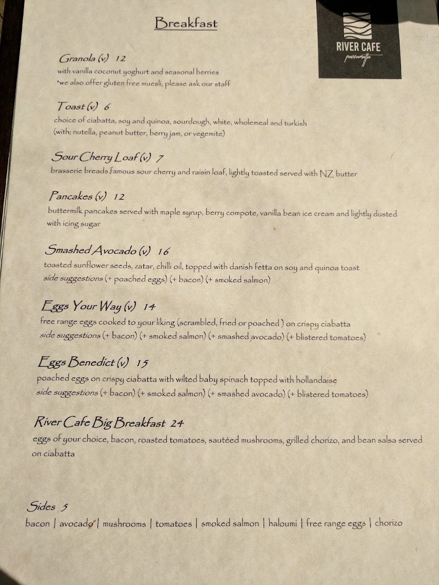 Menu, River Cafe Parramatta