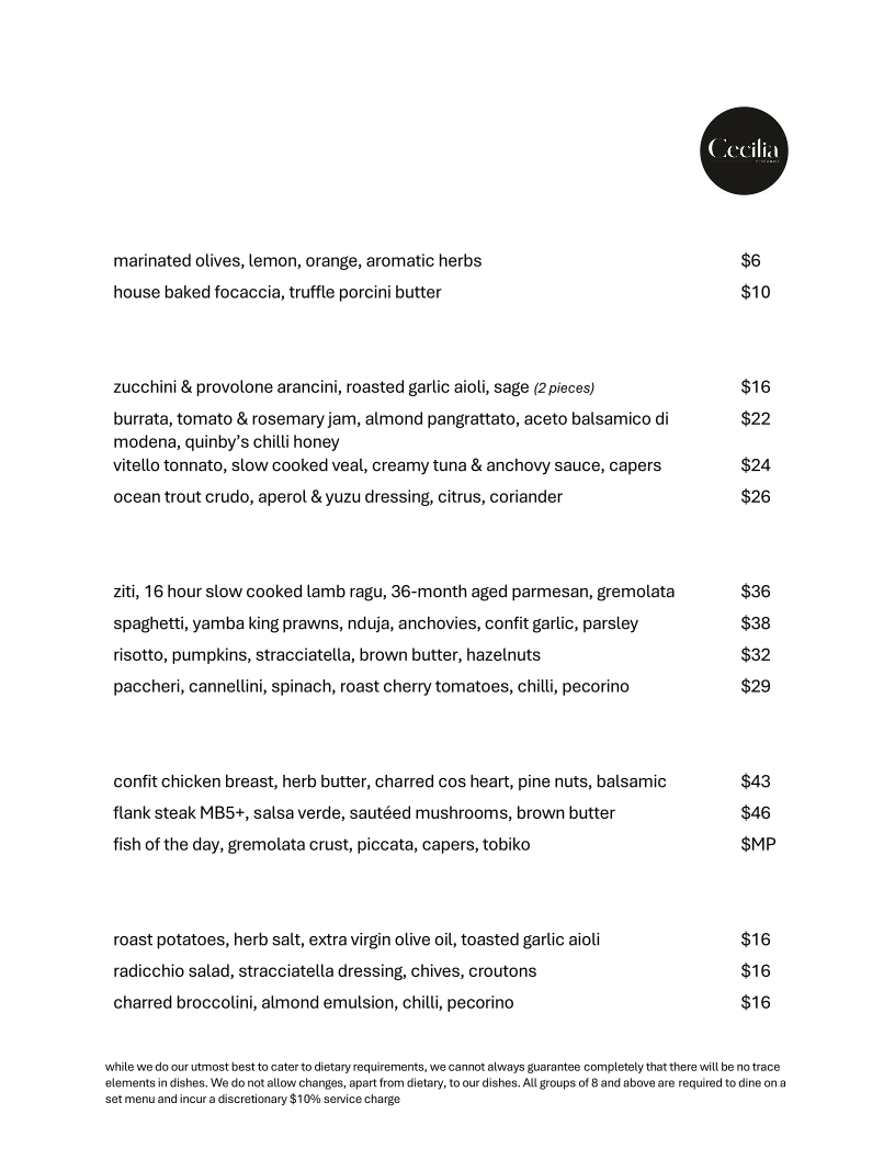 Menu, Cecilia