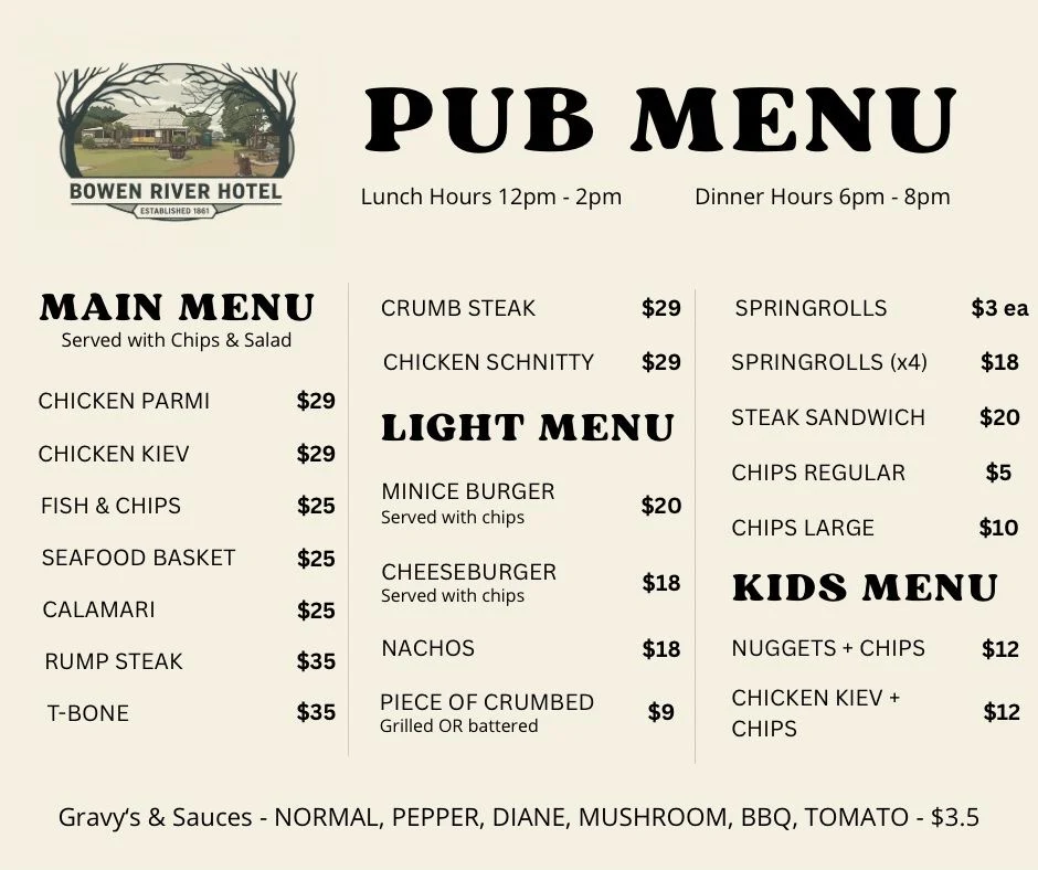 Menu, Bowen River Hotel