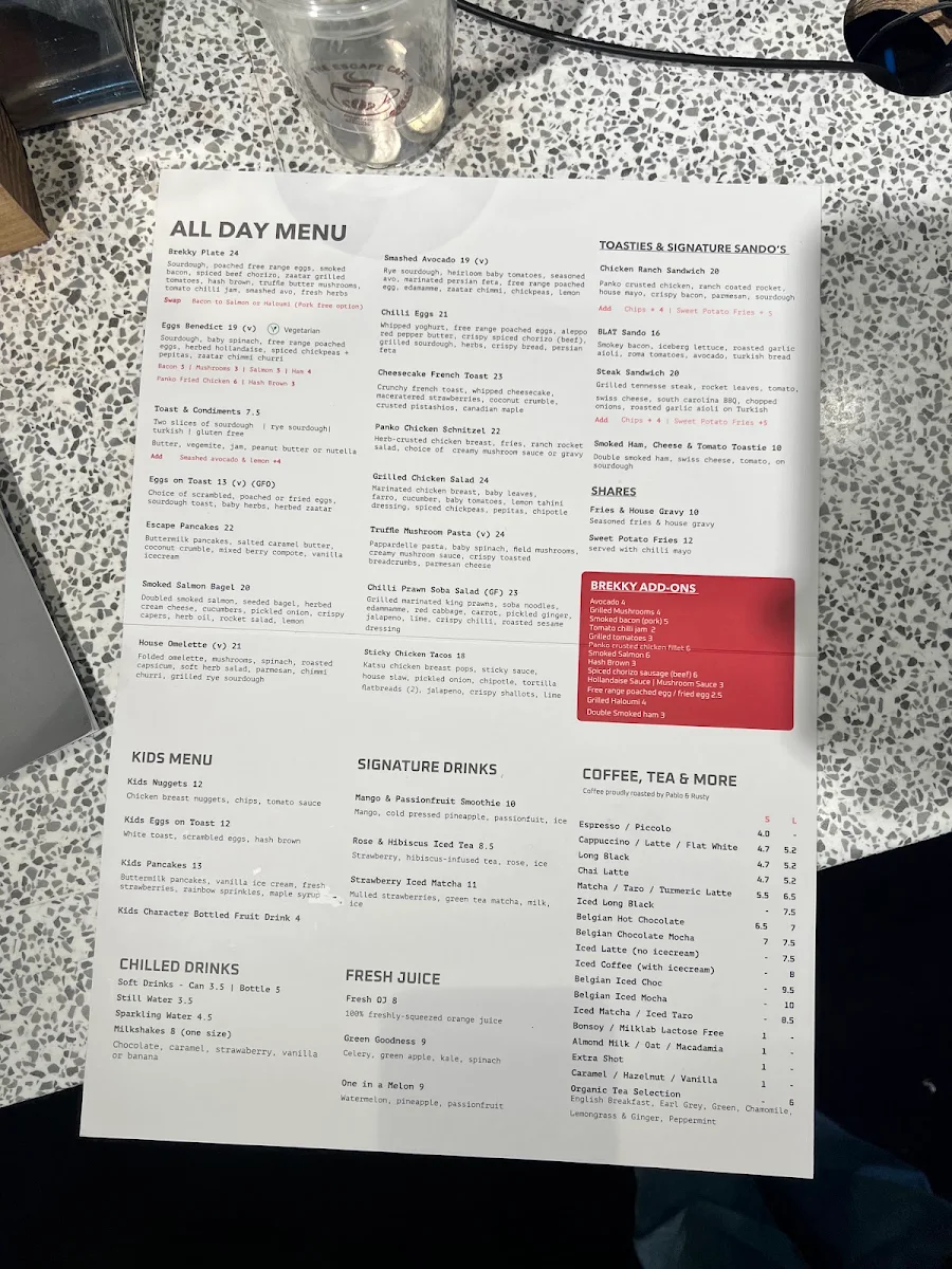 Menu, The Escape Cafe Merrylands