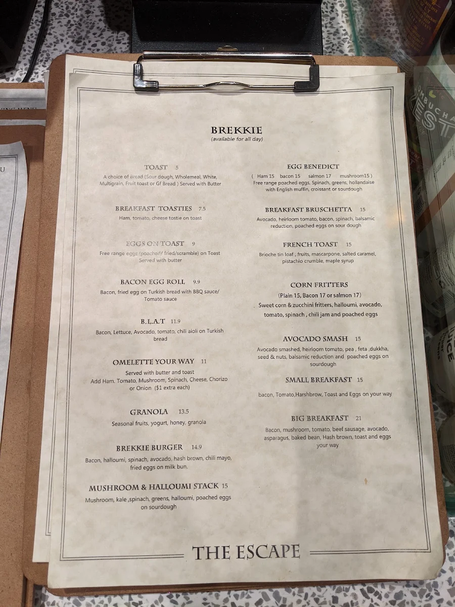 Menu, The Escape Cafe Merrylands