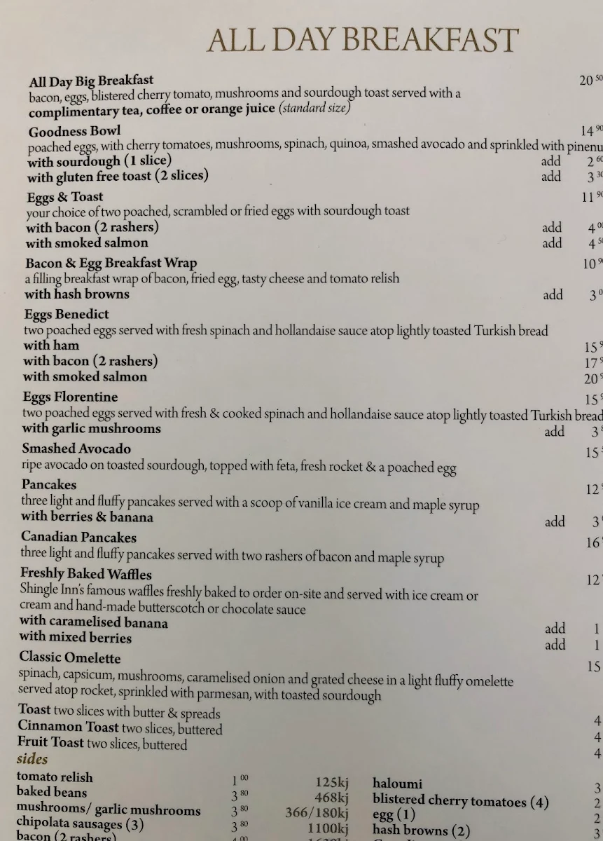 Menu, Shingle Inn Clifford Gardens