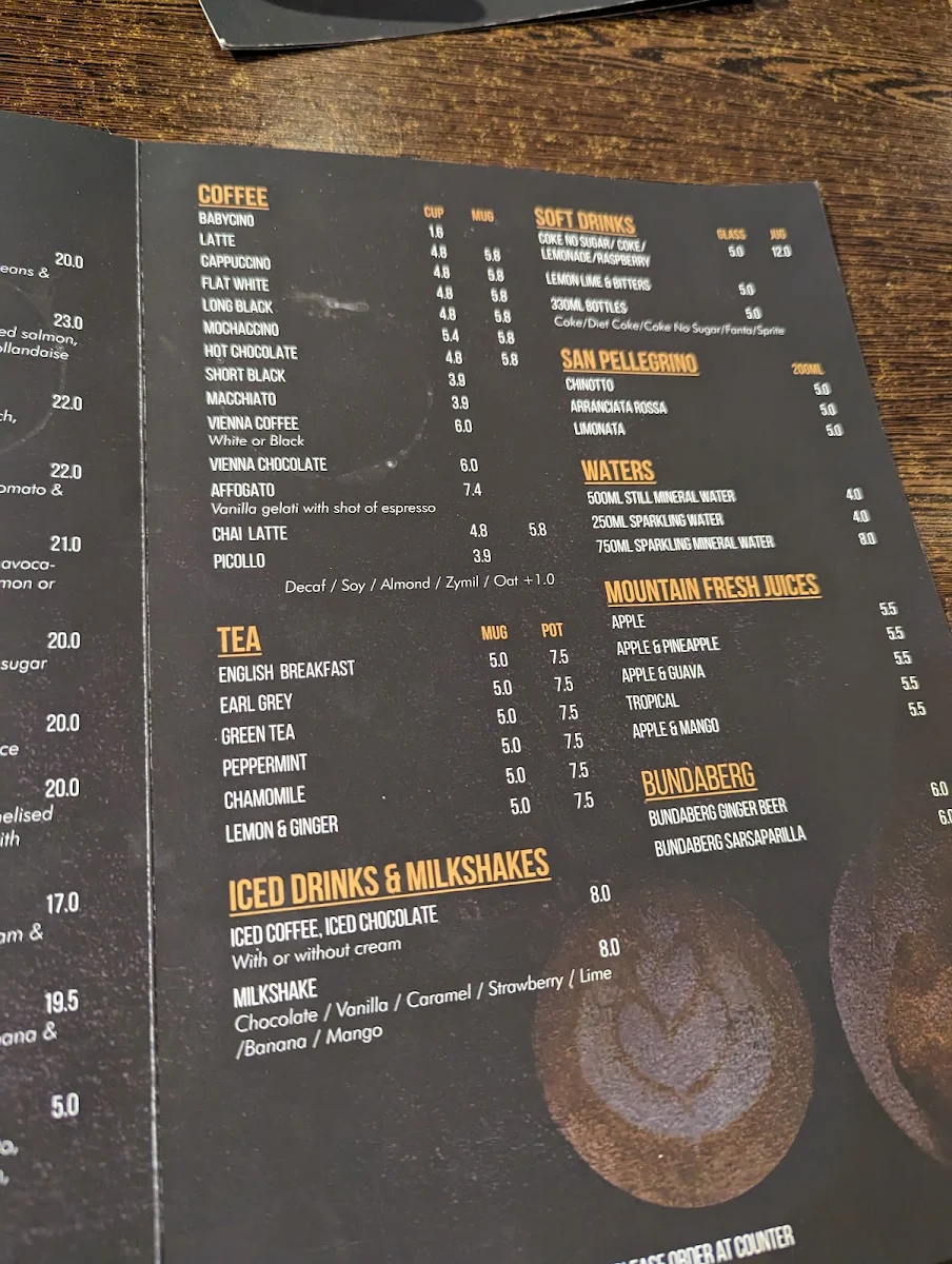 Menu, Pellegrini Cafe
