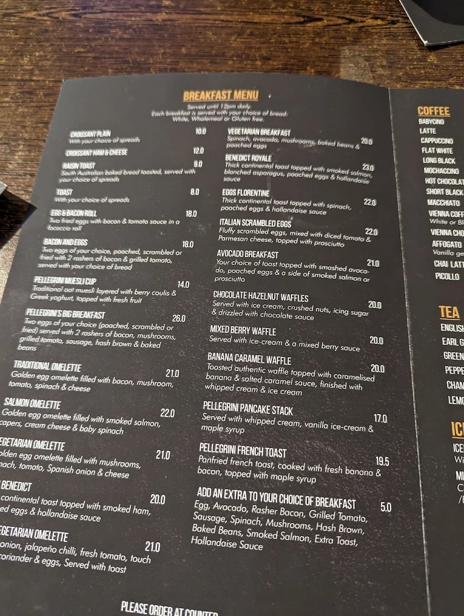 Menu, Pellegrini Cafe