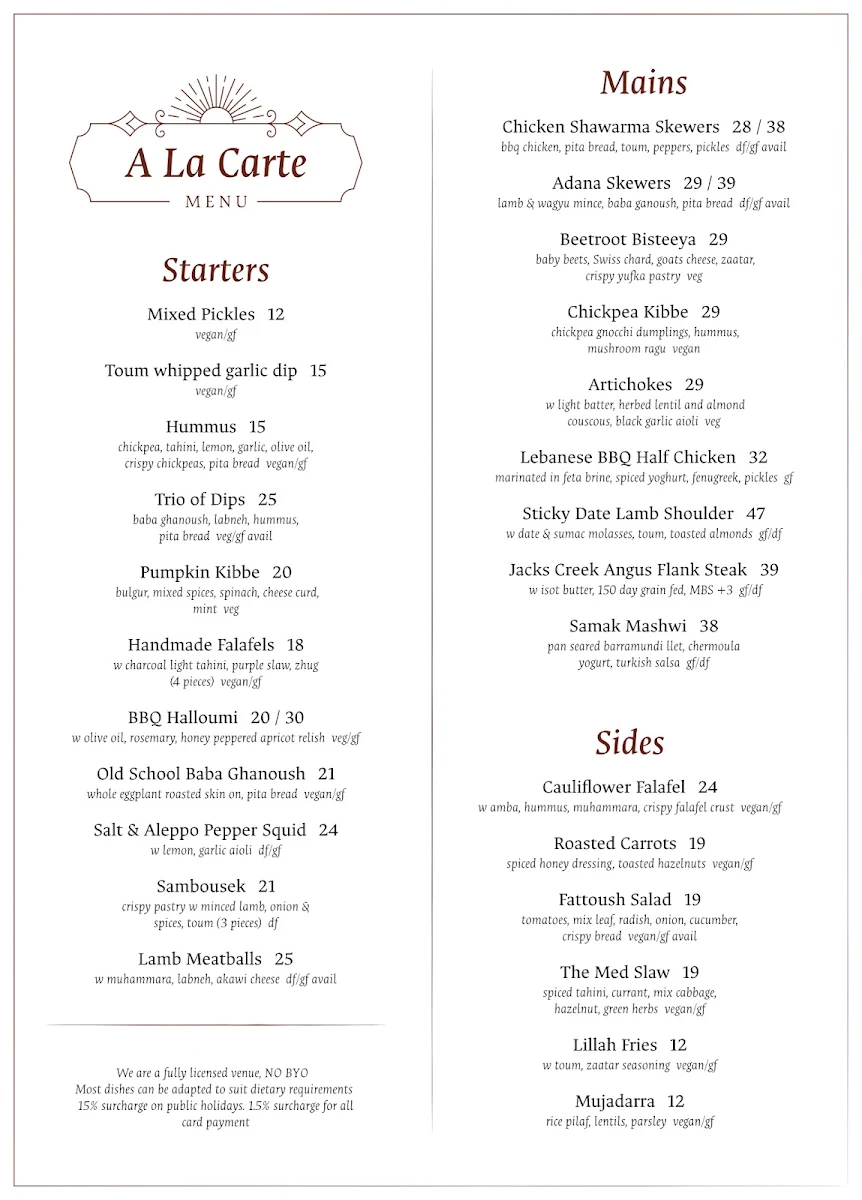Menu, Lillah Kitchen