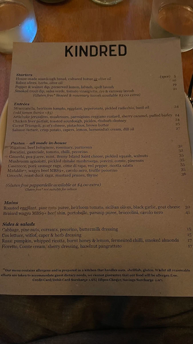 Menu, KINDRED Restaurant