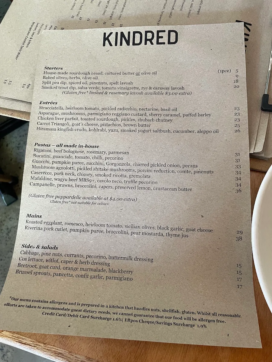 Menu, KINDRED Restaurant