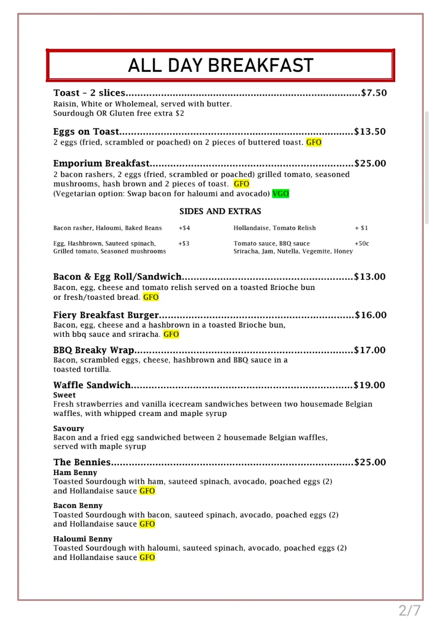 Menu, Emporium Bakehouse