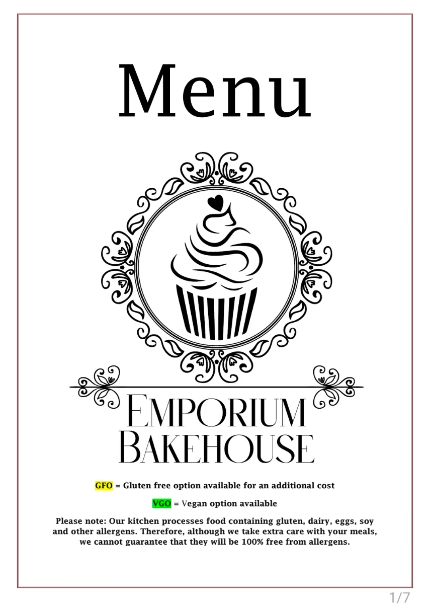 Menu, Emporium Bakehouse