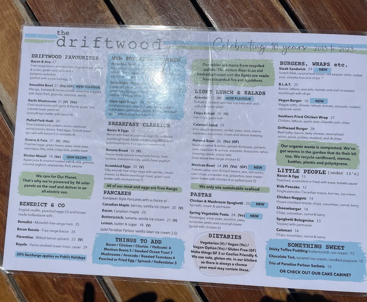 Menu, Driftwood Cafe