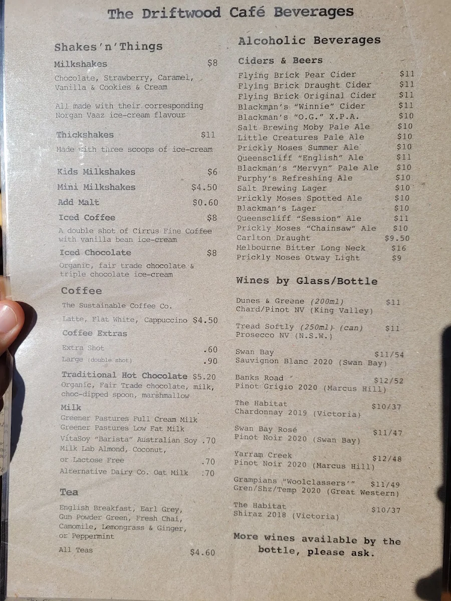 Menu, Driftwood Cafe