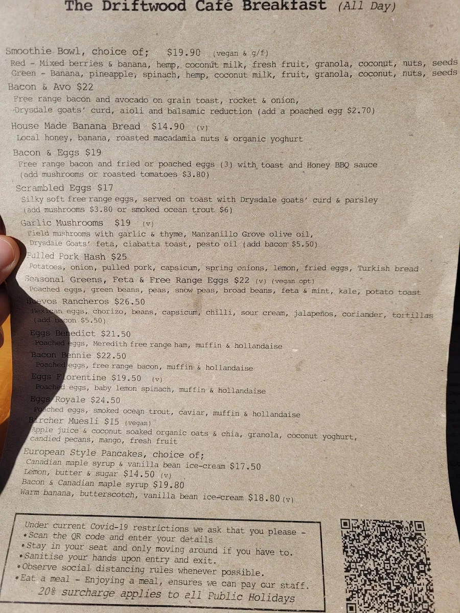 Menu, Driftwood Cafe