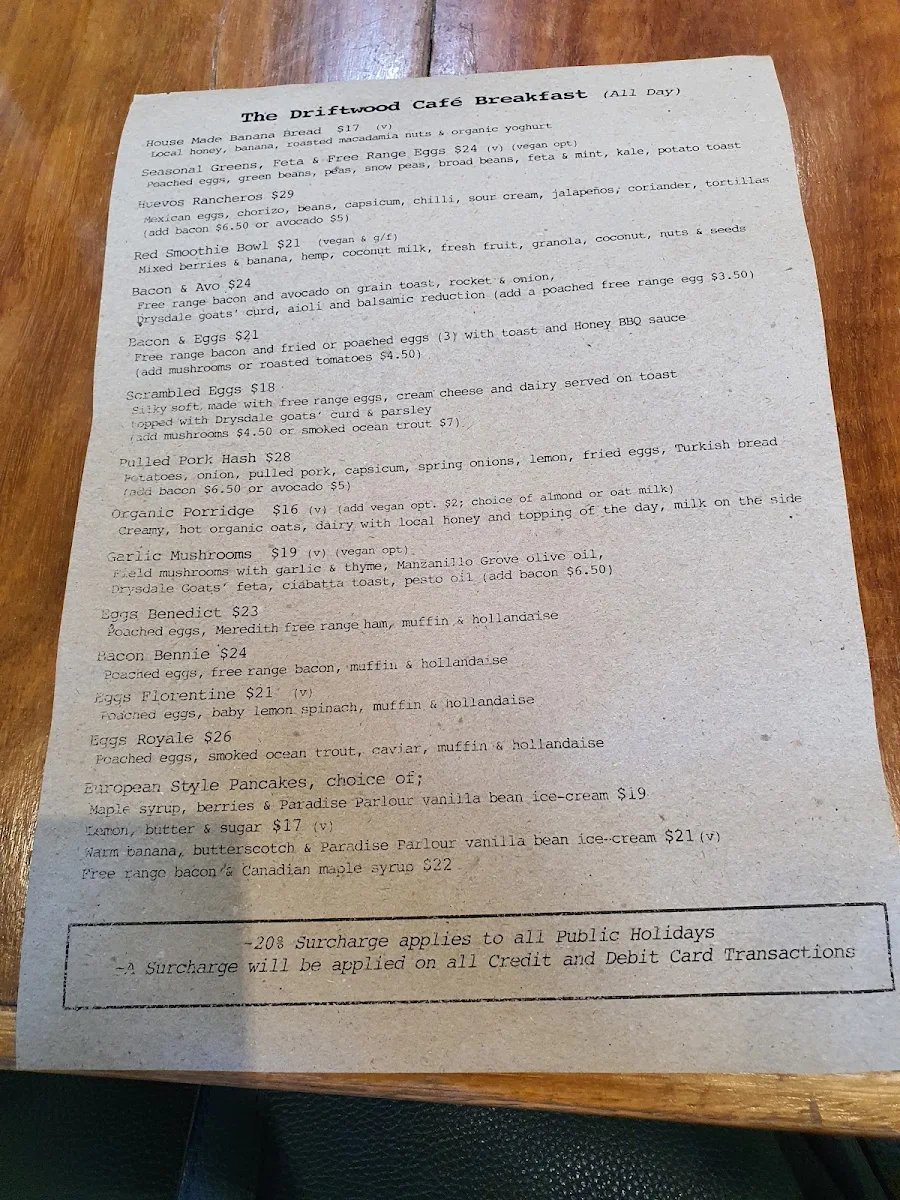 Menu, Driftwood Cafe