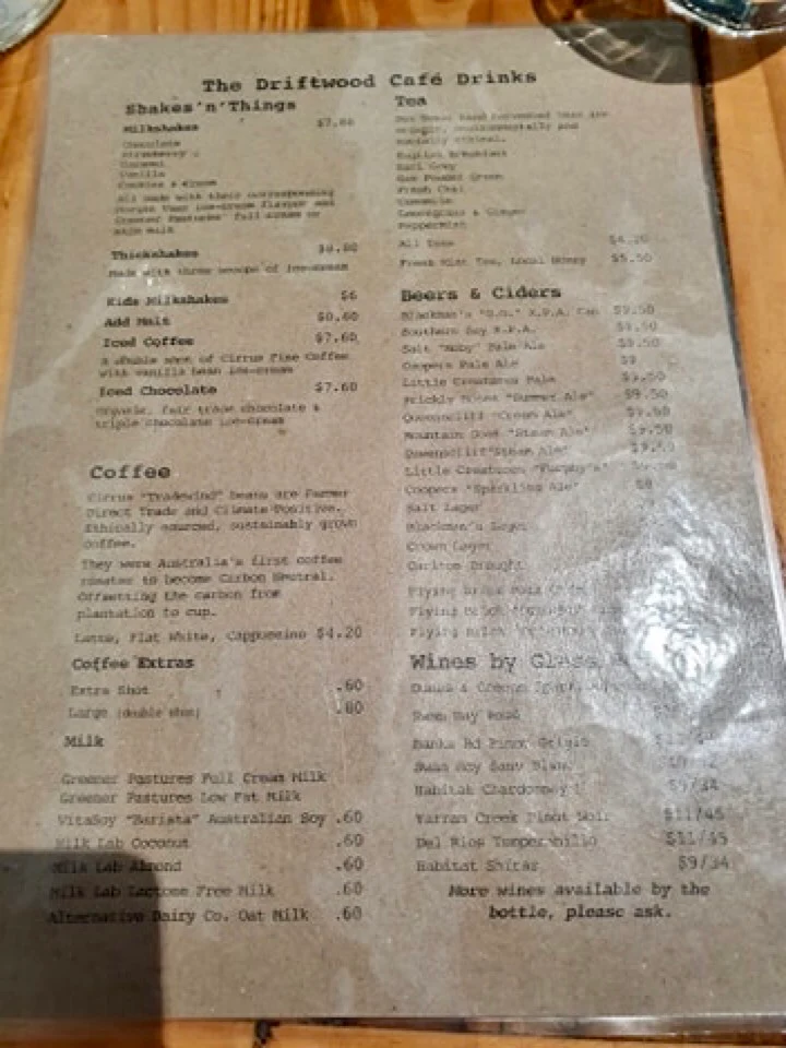 Menu, Driftwood Cafe