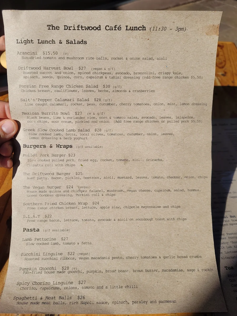Menu, Driftwood Cafe