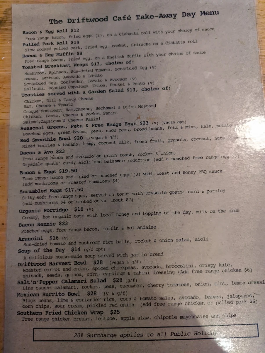 Menu, Driftwood Cafe