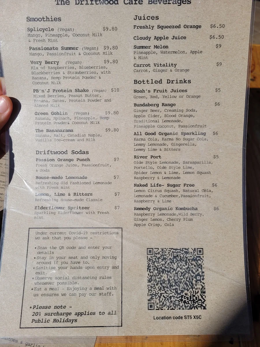 Menu, Driftwood Cafe