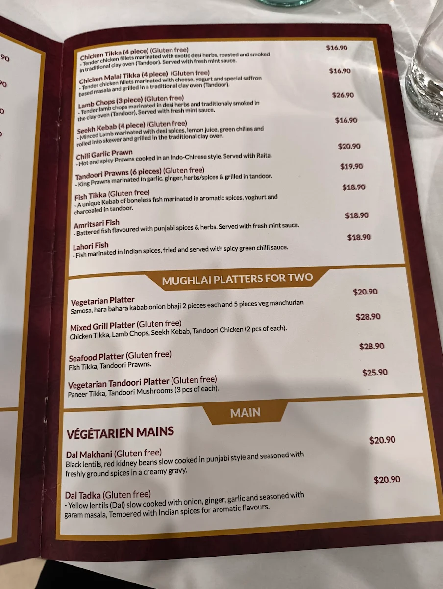 Menu, Mughal Palace Epping
