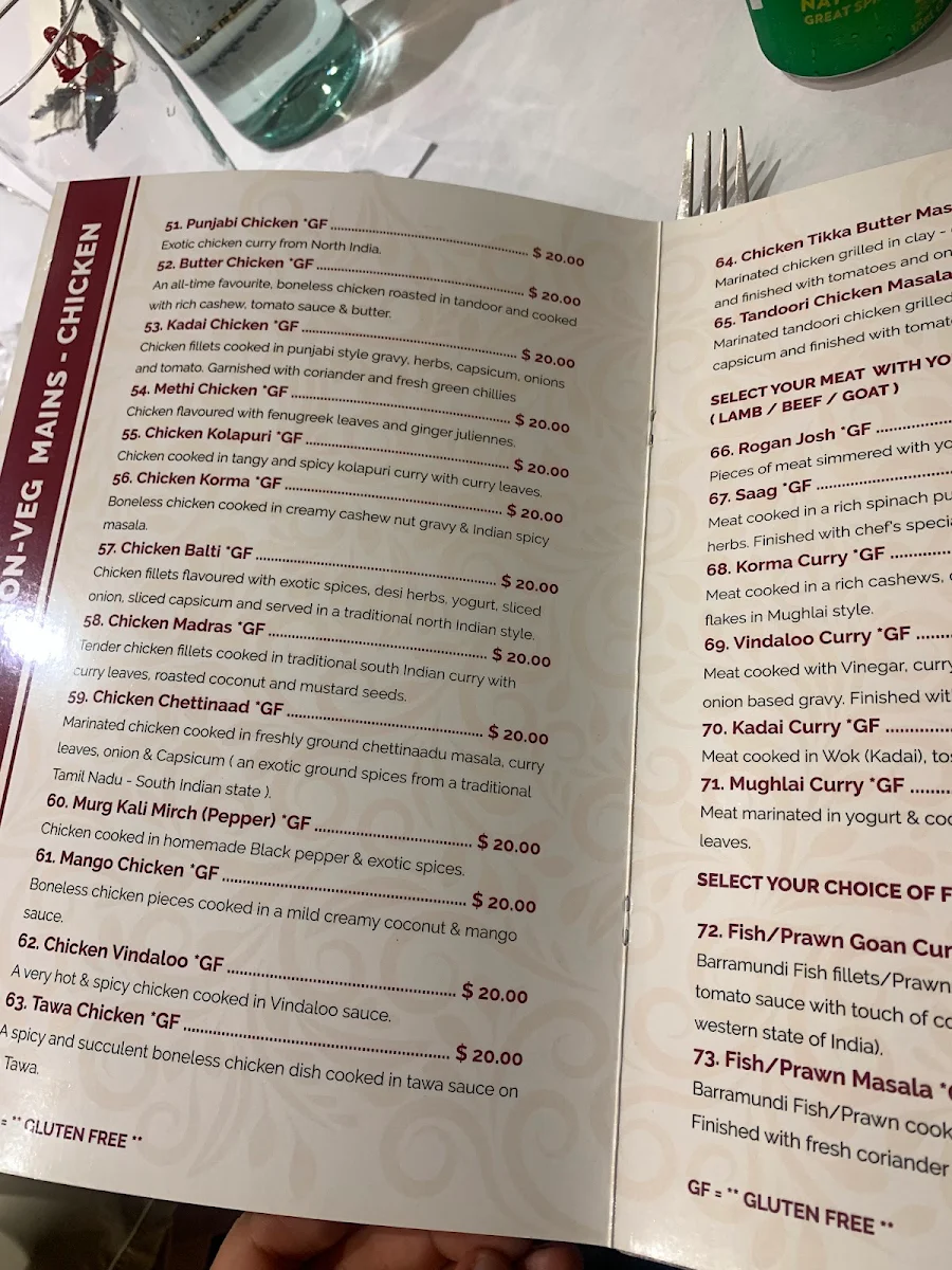 Menu, Mughal Palace Epping