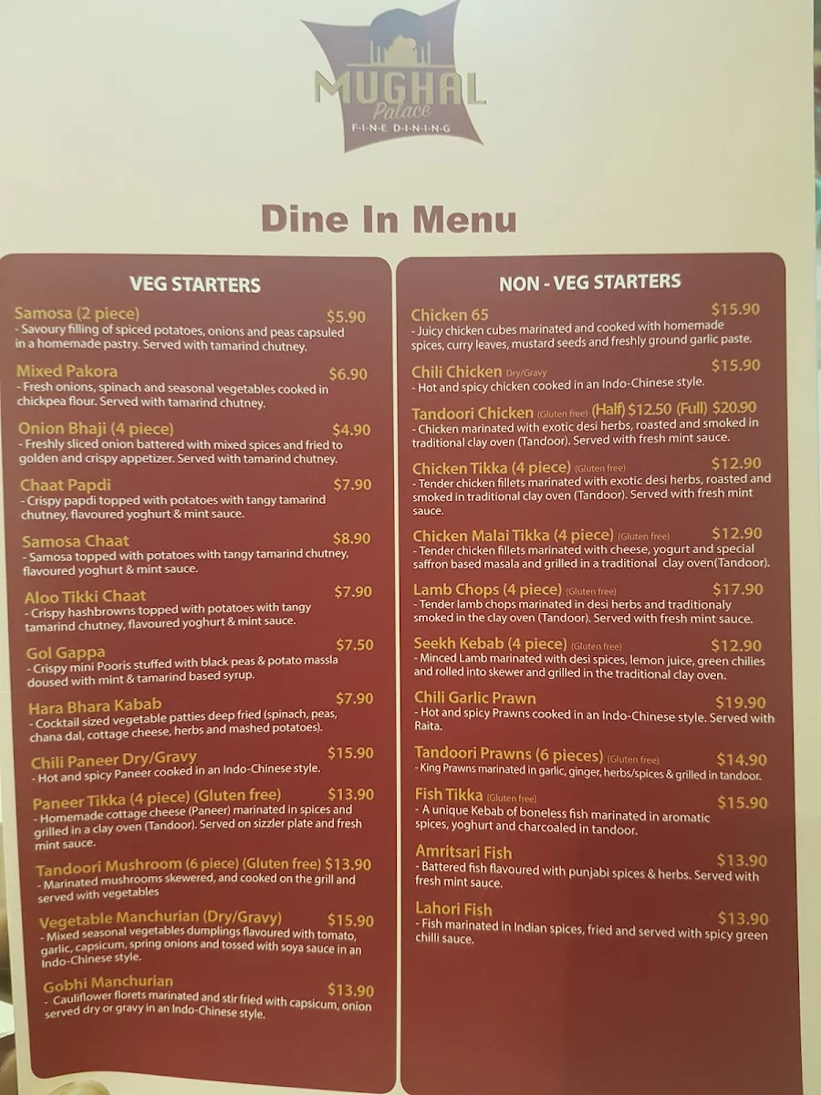Menu, Mughal Palace Epping