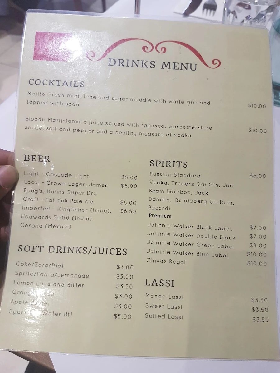 Menu, Mughal Palace Epping