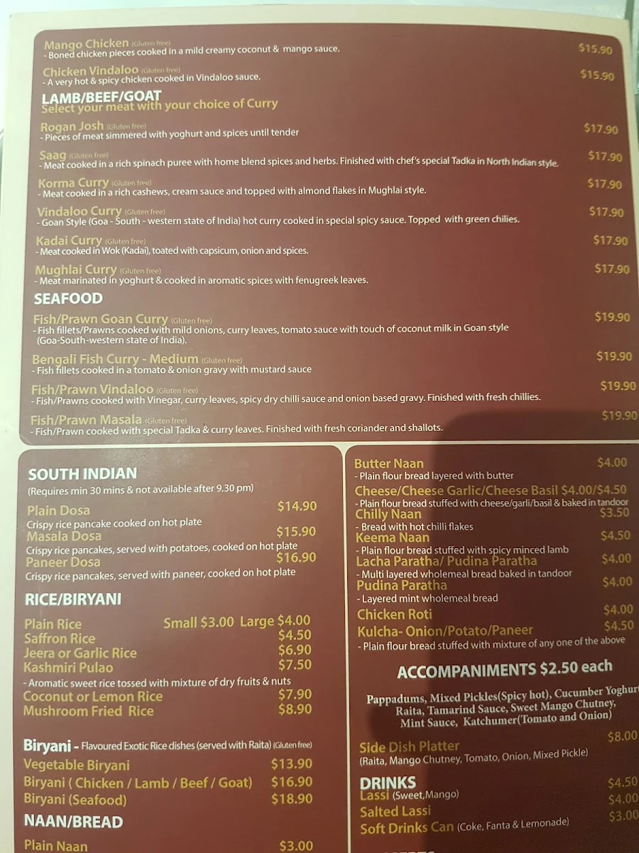 Menu, Mughal Palace Epping