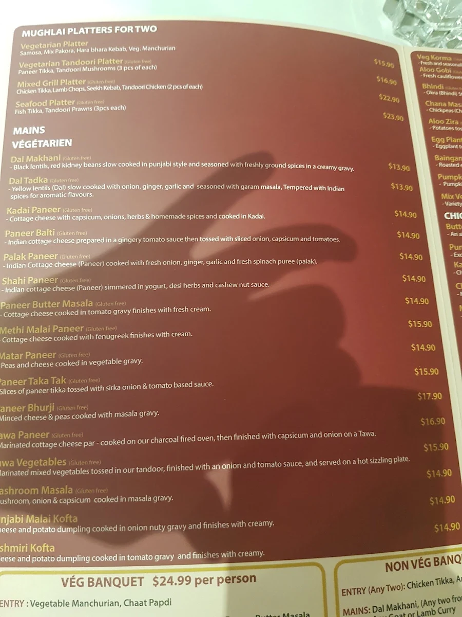 Menu, Mughal Palace Epping