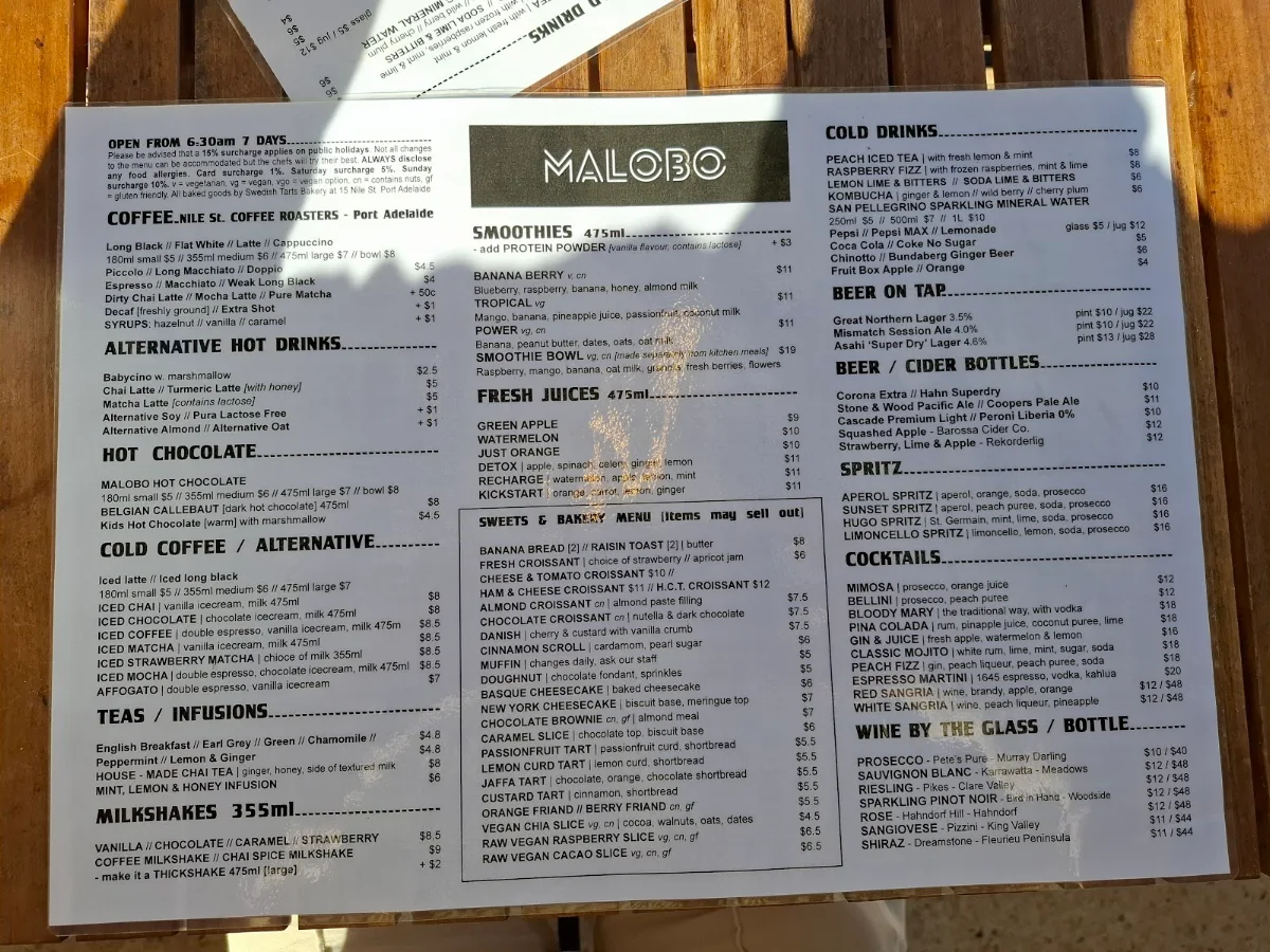 Menu, MALOBO Bakery & Terrace Bar