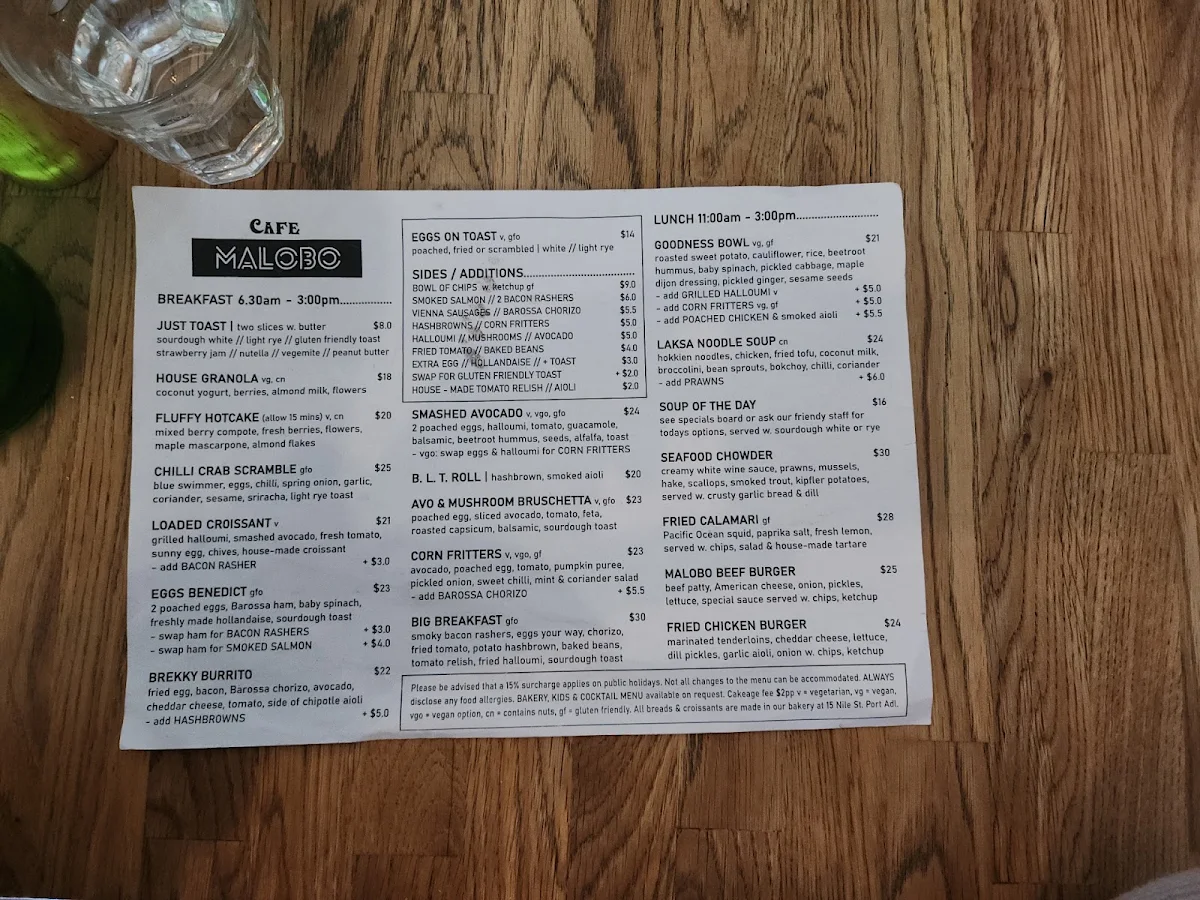 Menu, MALOBO Bakery & Terrace Bar