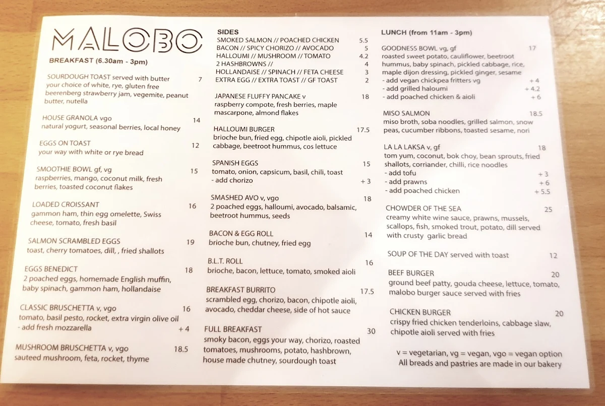 Menu, MALOBO Bakery & Terrace Bar