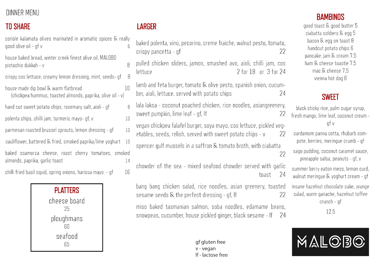 Menu, MALOBO Bakery & Terrace Bar