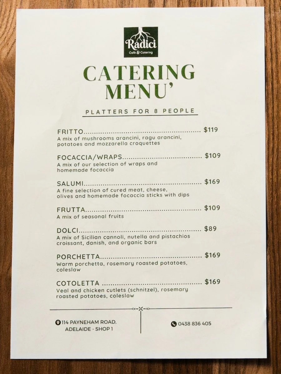 Menu, Radici Cafe & Catering