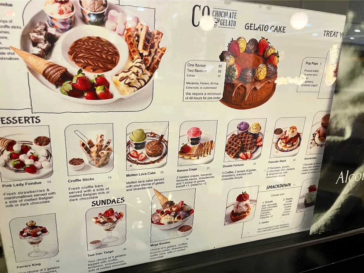 Menu, C9 Chocolate & Gelato Macquarie Centre