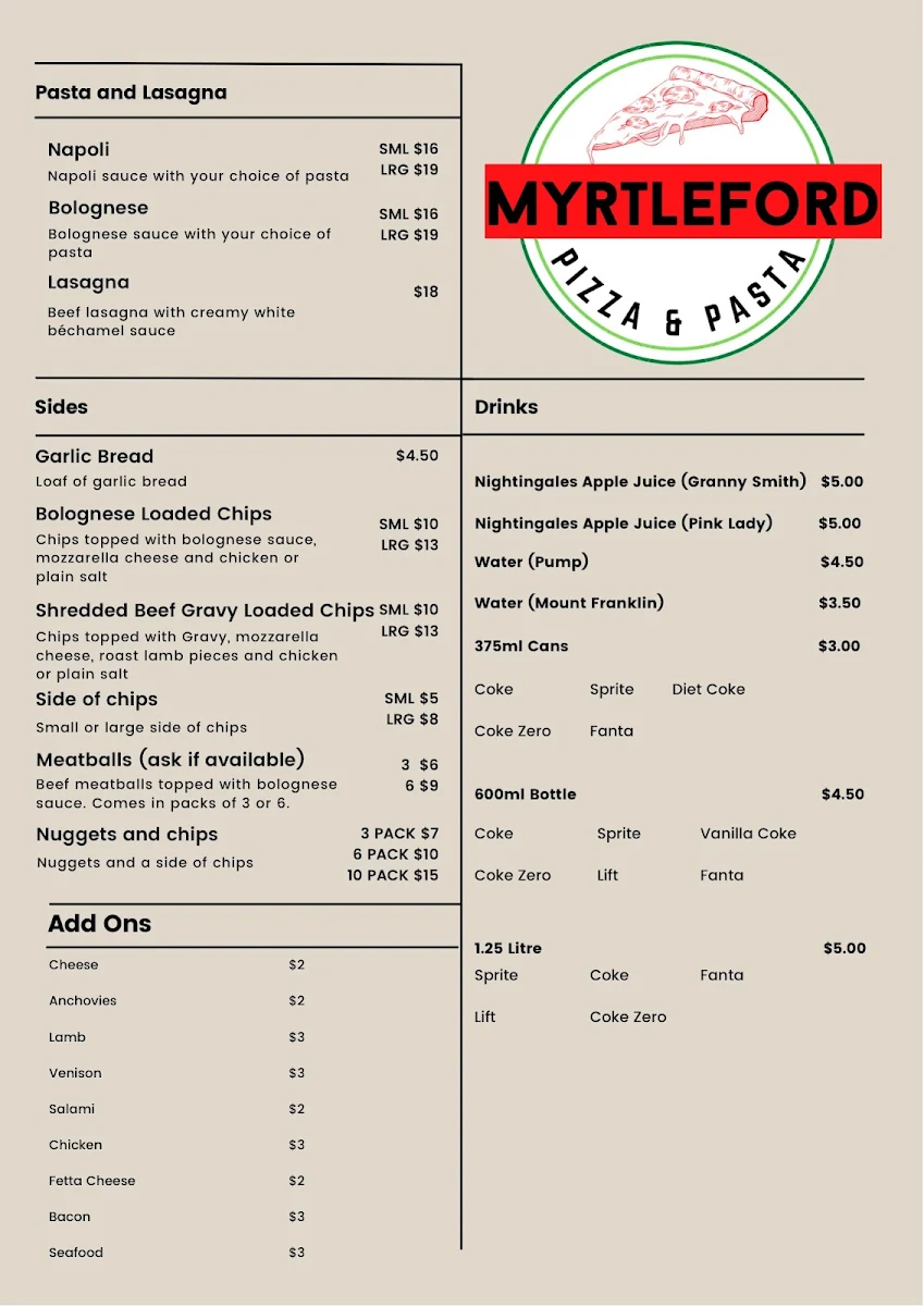 Menu, Myrtleford Pizza and Pasta