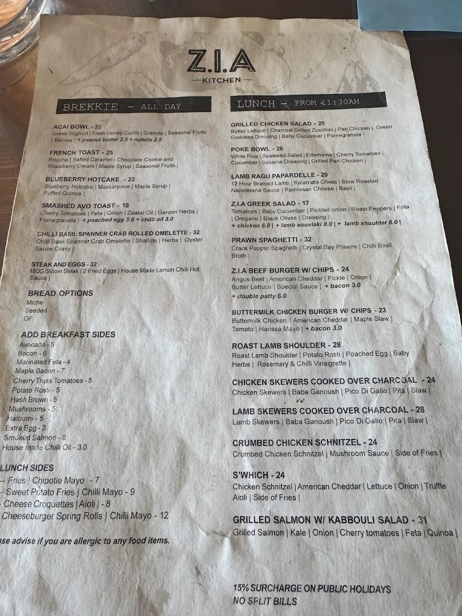 Menu, Zia Kitchen